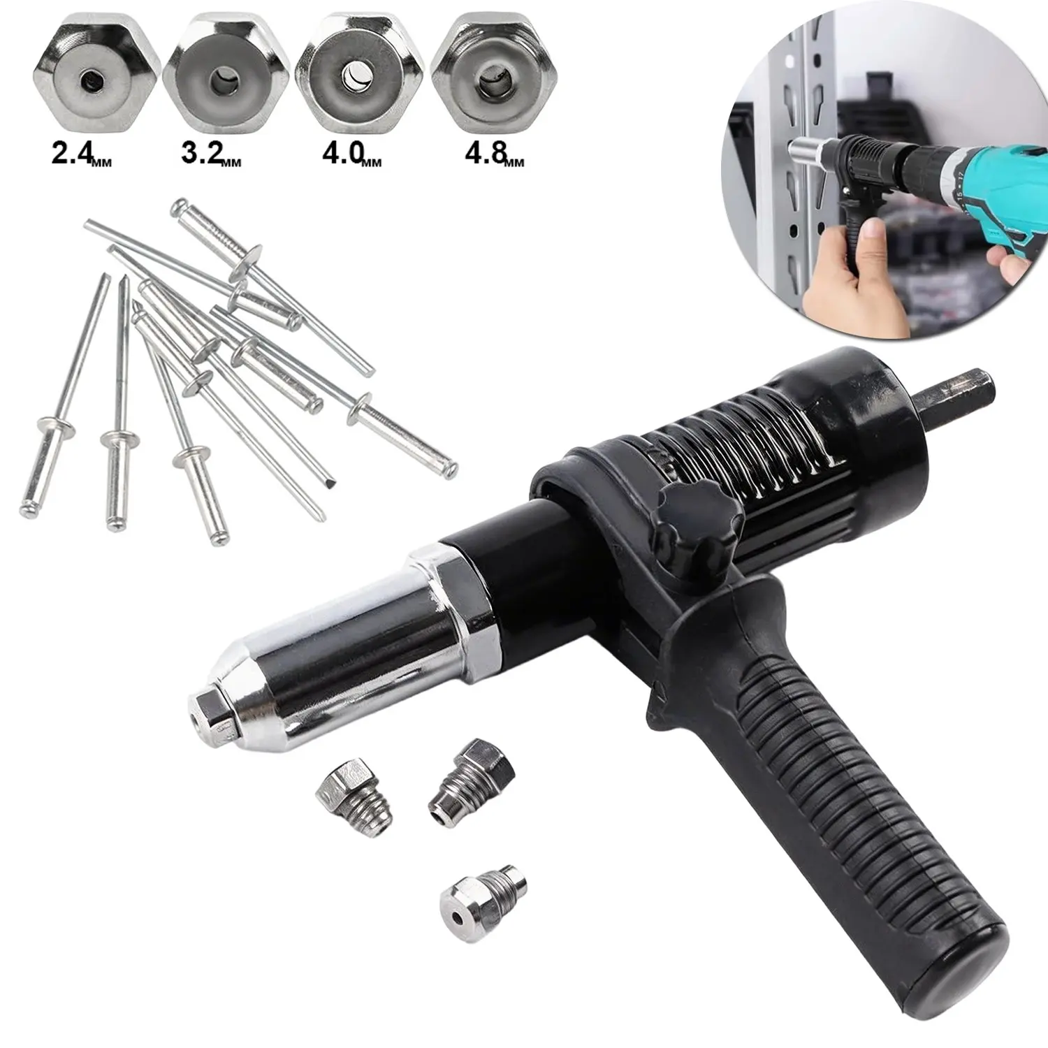 Electric Drill to Rivet Gun Adapter, Metal Rivet Gun Adapter Rivet Drill Attachment with 4 Rivets Heads Cordless Rivet Gun Power Drill Adapter Kit Hand Tools Hardware included 80PCS Rivet Home
