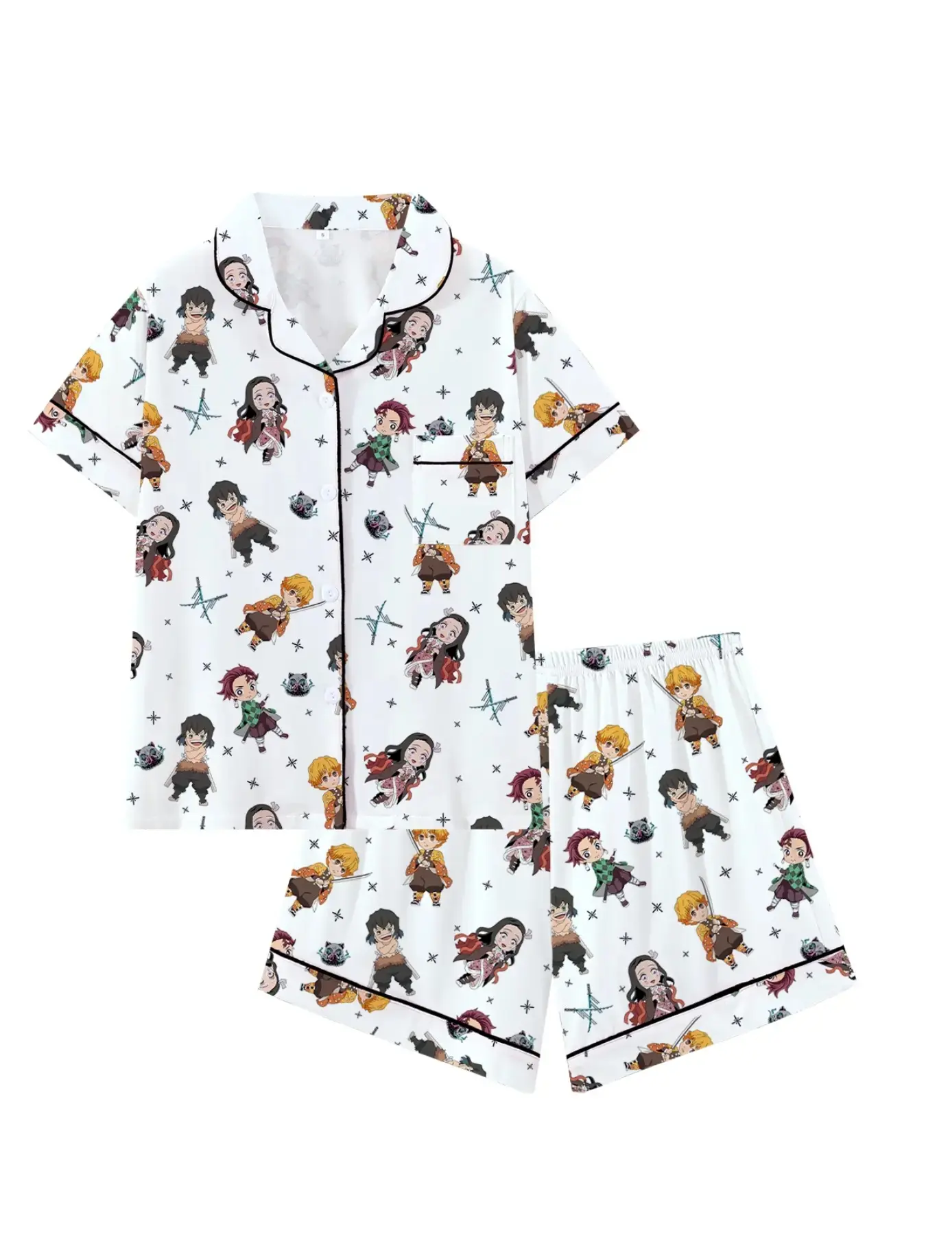 Men's Demon Slayer Pajama Set, Anime Collared Short Sleeve Fitted Sleepwear, 2 Piece Casual Loungewear, All Season PJs, Anime Fan Gift for Teens