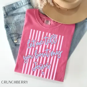 Comfort Colors Let Me Tell You About my Jesus Easter Spring Christian Shirt, Stripes Coquette Bow Christian Printable Gift For Her