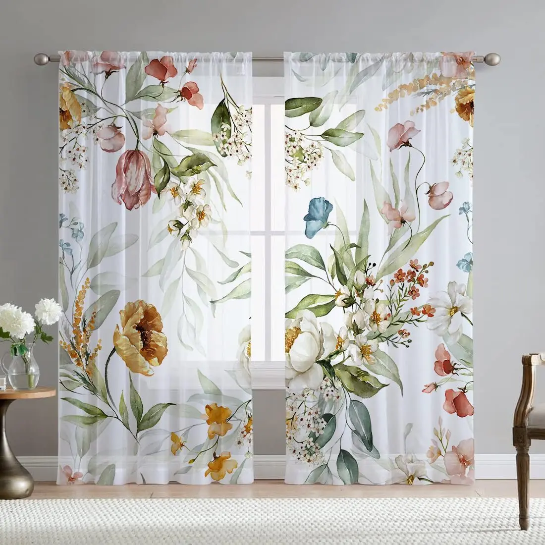 Floral Sheer Curtains for Living Room 63 inch Length 2 Panels Set Elegant Yellow Flower Spring Printed Window Curtain Chiffon Drapes for Bedroom