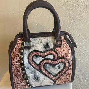 Mini tooled hearts Speedy Bag Western Leather Top Handle Purse Hair-On Hide Cowgirl Handbag with chocolate Accents