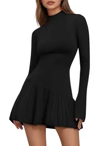 COCCKO Women's Fall Sweater Dress Crochet Ribbed Knit Ruffle Hem Flared Long Sleeve Mock Neck Mini Dress