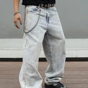 MZNBURAM Men's Non-Stretch Loose Fit Wide-Leg Baggy Jeans Pants Menswear Trouser Streetwear Denim