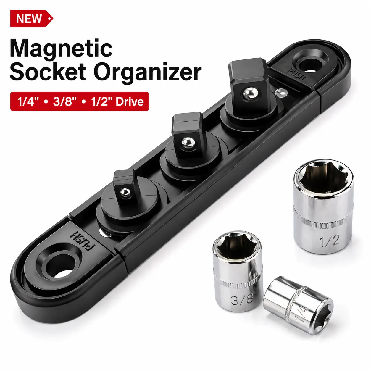 Magnetic Socket Organizer, Compact 3-Post Metal Holder Rail with Adjustable Removable 1/4, 3/8, 1/2 Inch Drive Mounts for Toolbox Garage Workshop Storage
