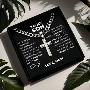 Stainless Steel Cross Pendant Necklace "To My Son" with Cuban Chain, Elegant Inspirational Gift for Women, Includes Heartfelt Message Card & Gift Box, for Birthday Valentine's Day Graduation Christmas