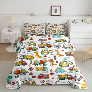 Dinosaur Designer Comforter Set,Cute Dino Construction Luxury Bedding Set,Cartoon Equipment Trucks Excavator Bed Comforter,Machinery Cars Quilt Set