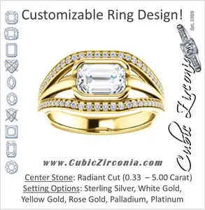 Cubic Zirconia Engagement Ring- The Magdalena Oha (Customizable Bezel-set Radiant Cut Style with Wide Tri-split Pavé Band)