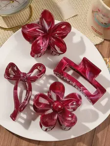 4pcs Elegant Marble Hair Claws Set, Casual Style Bow Clips, All Seasons Floral Design, Flower Hair Clips, Multi-Use Hair Accessories
