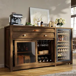 STO'SENSE Extra Large Coffee Bar Cabinet w/Fridge Space&Power Outlet,Lux MiniFridge Cabinet w/2Drawers,Wine Rack,Leather Handle,Adj.Shelves,Bar Tray,Glass Holder&Sliding Door,Buffet Sideboard,Walnut