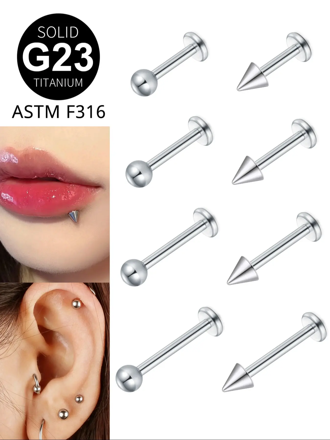 Titanium Lip Studs Earrings, Labret Studs, Punk Style Body Piercing Jewelry, Flat Back Design with Ball Spike End, Minimalist Piercing Accessories