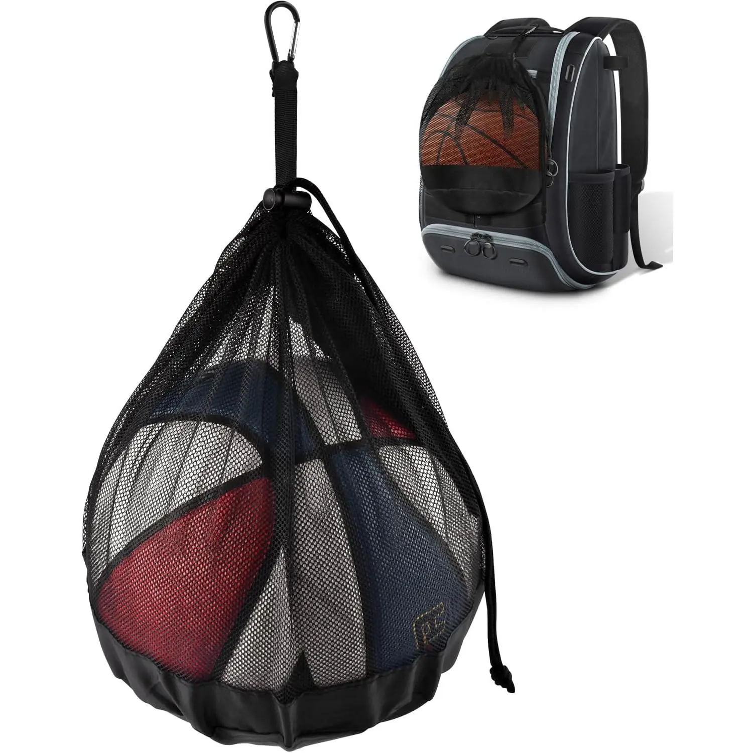 Single Ball Bag with Double Hook, Balls Storage Bags with Zipper Pocket, Drawstring Sling Backpack for Soccer Basketball Football Volleyball Rugby