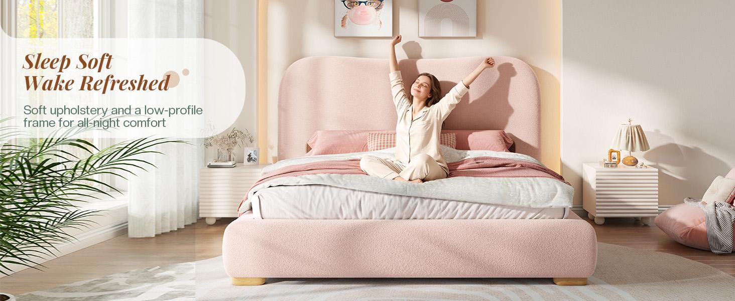 [Memorialday]VanAcc Cloud Bed Frame, 7.1" Thick Curved Headboard, Soft Rounded Corners Kid & Pet Safe Design, Modern Upholstered Platform Bed, No Box Spring Needed