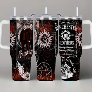 1 Piece Lyrichard 40 oz < Supernatural >   TV Series Inspired Thermos Cup - Retro Winchester Brothers Design (With Handle, Leak-Proof Double-Wall Insulation, Can Keep Drinks Hot or Cold for a Long Time, 304 Stainless Steel Travel Cup