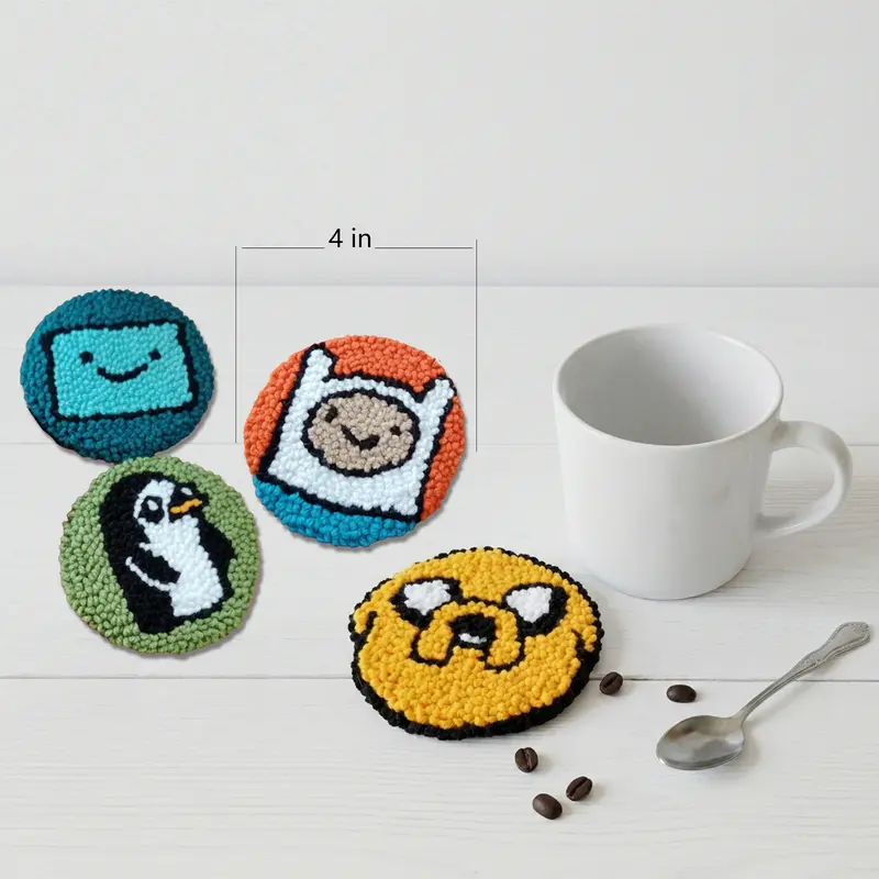 HAGUDAMU 4-Pack Beginner-Friendly Adventure Punch Needle Set (4 inches) - Crochet Gifts, HD Patterns, Embroidery Hoop, Eco-Yarn, Preprinted Cloth, Character Designs, Illustrated Guide, Coaster Art, a Perfect Gift Choice for Anime Fans
