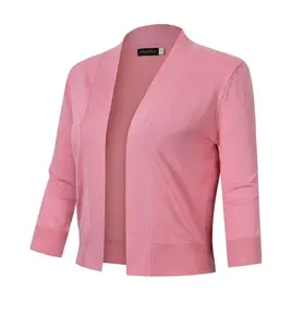 Women's 3/4 Sleeve Open Front Cropped Cardigan Sweater Lightweight Knit Short Shrugs (XXXL, Dusty Pink)