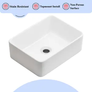 16"X12" White Ceramic Rectangular Vessel Sink, Above Counter Lavatory Art Basin Vanity Fixture, Easy to Clean & Install Modern Bathroom Piece, Non-Porous Stain-Resistant Topmount Design