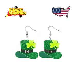 St. Patrick's Day Green Hat Rainbow Earrings for Women