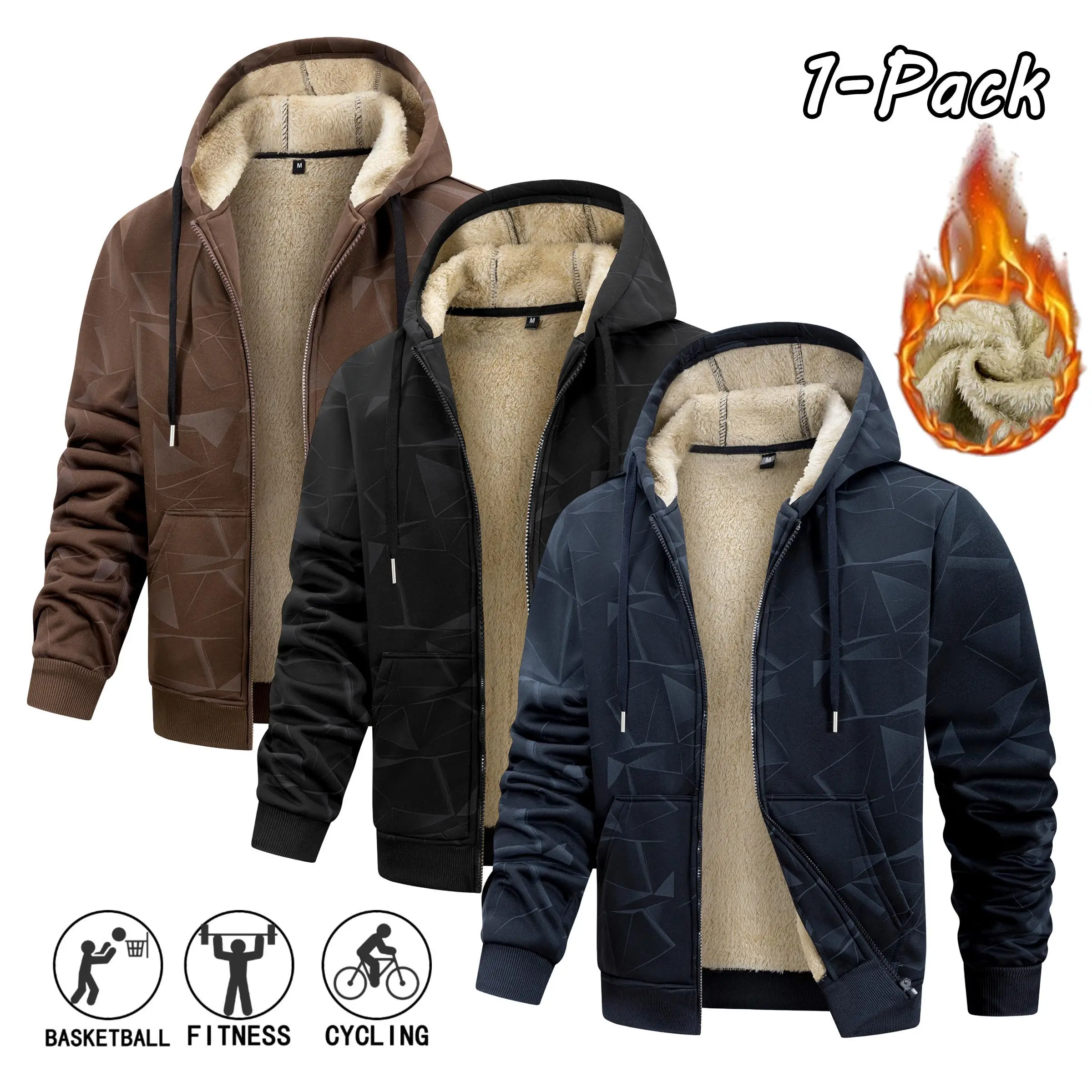 Men's Autumn Winter Fleece Lined Hooded Shearling Jacket Solid Color, Minimalist Style, Warm Thick Casual Top for Outdoor Sports, Everyday Wear