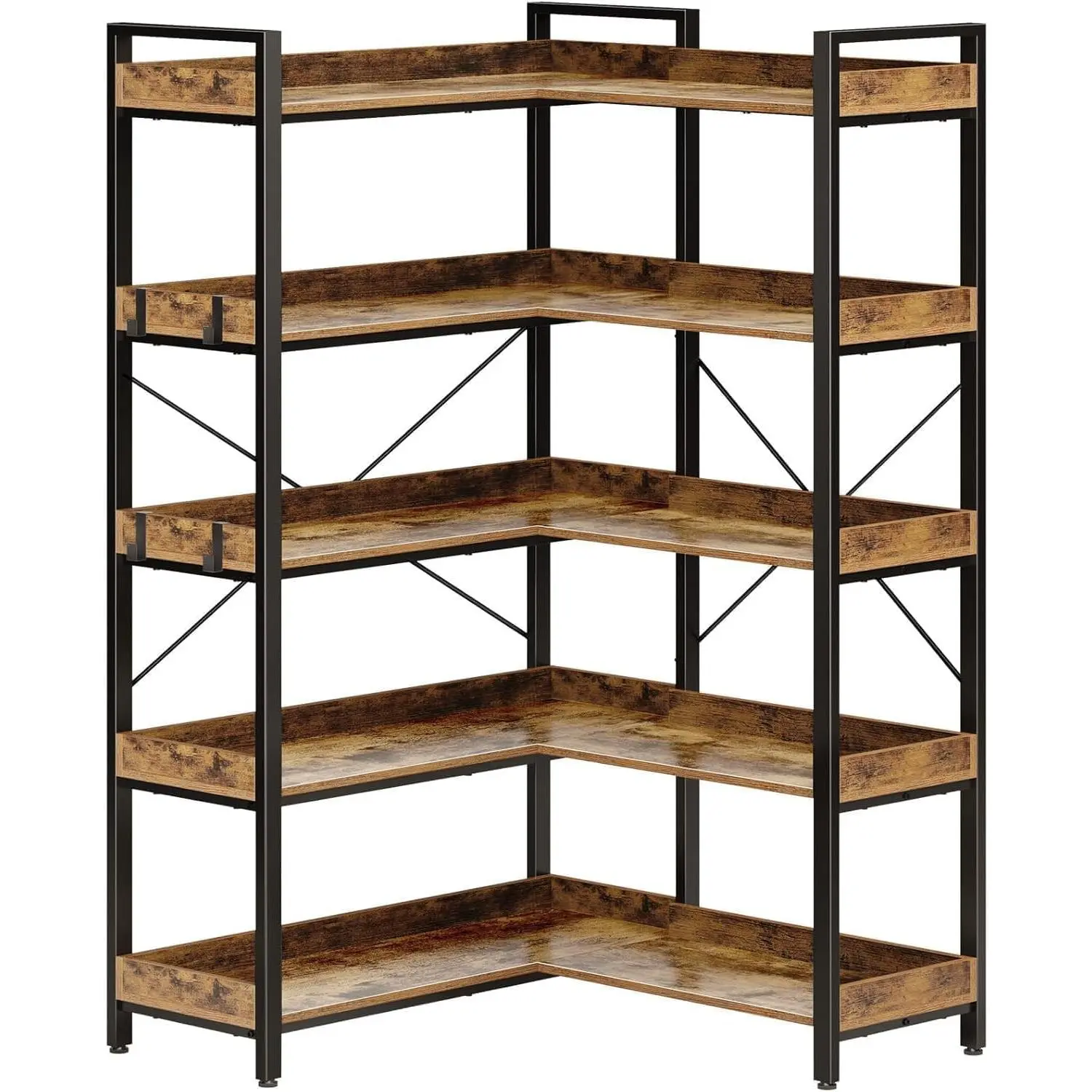 5-Tier L-Shaped Industrial Corner Wooden Bookshelf - Tall Open Display Wooden Shelves, 4 Hooks, Freestanding Storage Organizer, Sturdy Metal Frame, Easy Install - Ideal for Living Room, Bedroom