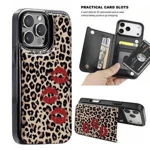 Phone Case - Red Lips with Leopard Print / Wallet Card Holder, Phone Case with Credit Card Slots for Iphone 17/17 Air, 16/15 Pro, 14/13 Pro, 12, 11 Pro Max, Xs, 16 Plus