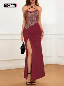 Lace Patchwork Halter Dress for Valentine's Day Party, Slim-Fitting Backless Style Design, All-Season Wear, Perfect for Special Occasions