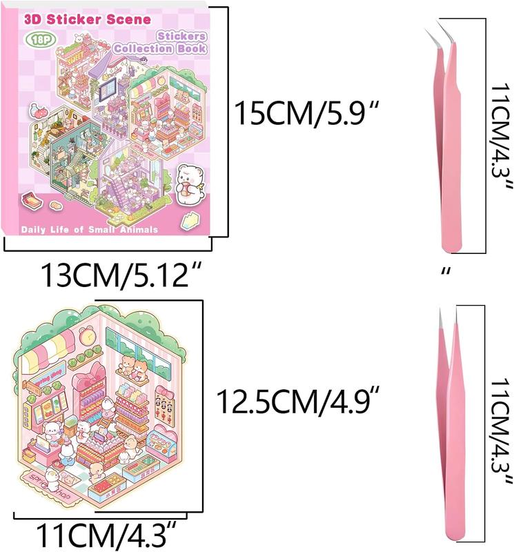 Valentine's Day New Year 2026 Gift DIY 3D Sticker Scene Collection Book for Stress Relief - 6 Sets of Make Your Own Mini Shop Scenes Stickers for Girls Kids Adult Sticker Therapy Cute Animal Stickers for Birthday with Tweezers