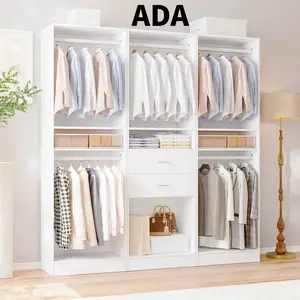 VOWNER Freestanding Wood Closet Organizer System - with Drawers, Hanging Rod, Shelving Unit, Garment Rack Armoire Wardrobe for Bedroom, Entryway | Closet Organization Solution