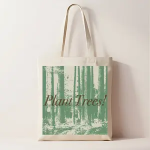 Plant Trees Vintage Graphic Tote Bag - 100% Cotton Canvas, Machine Washable, 15" x 16", Double Straps, Reusable