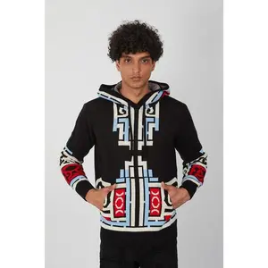 Men’s Tribal Knit Hoodie – Black Pullover with Red, Blue & Cream Geometric Print