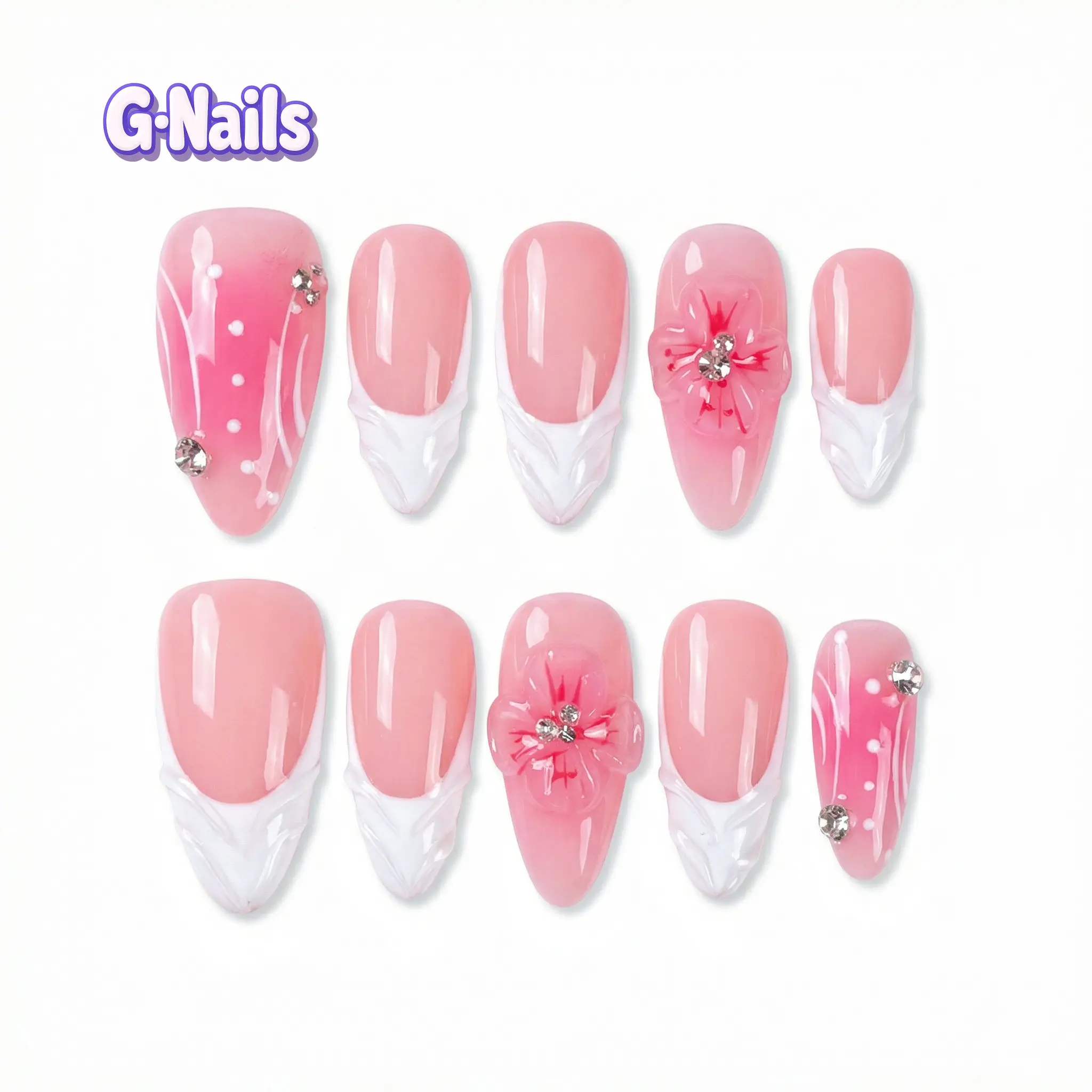 G Nails A31 Model Handmade DIY Nails, Almond Shape with Pink & White French Tips, Reusable 10 Piece Set with 3D Crystal Floral for Casual Events, Almond Fake Nails