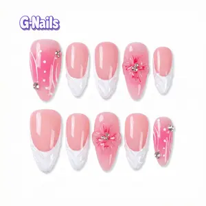 G Nails A31 Pink Almond 3D Crystal Floral White French Tips 10pcs Handmade Press On Nails Reusablenails HandmadeNails
