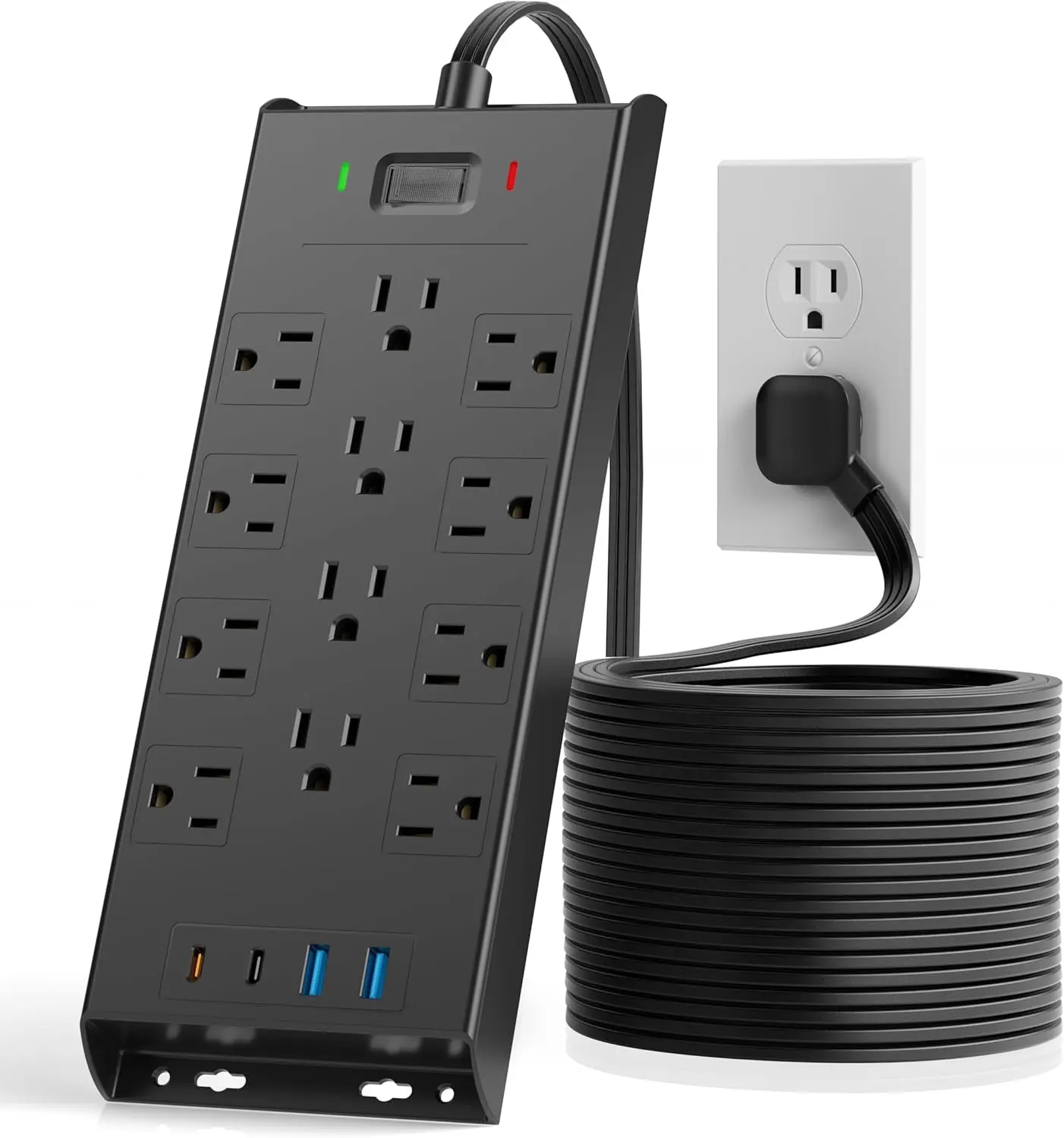 LeZone Chargeable Surge Protector Power Strip - 4800J Surge Protection, 10Ft 0.31in Flat Plug Ultra Thin Extension Cord, 16-in-1 12 AC Outlets 2 20W PD USB-C 2 USB Ports, Wall-Mountable Desk Charging Station, Black Electronics Accessory, 16-In-1 Power Sta