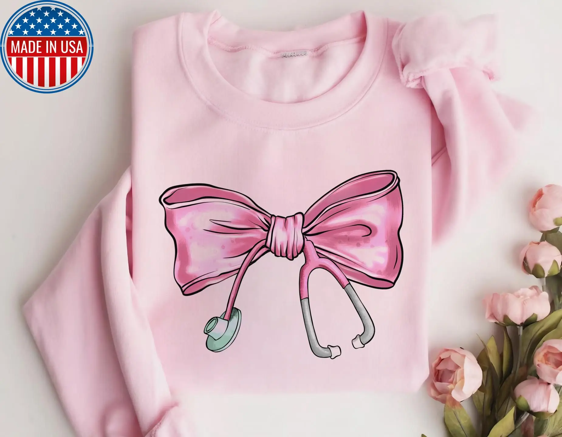 Coquette Nurse Stethoscope Bow Sweatshirt, Gift for Nurse, Bow Oversized Shirt, Nurse Appreciation, Christmas Gift for Nurse, Pink Bow