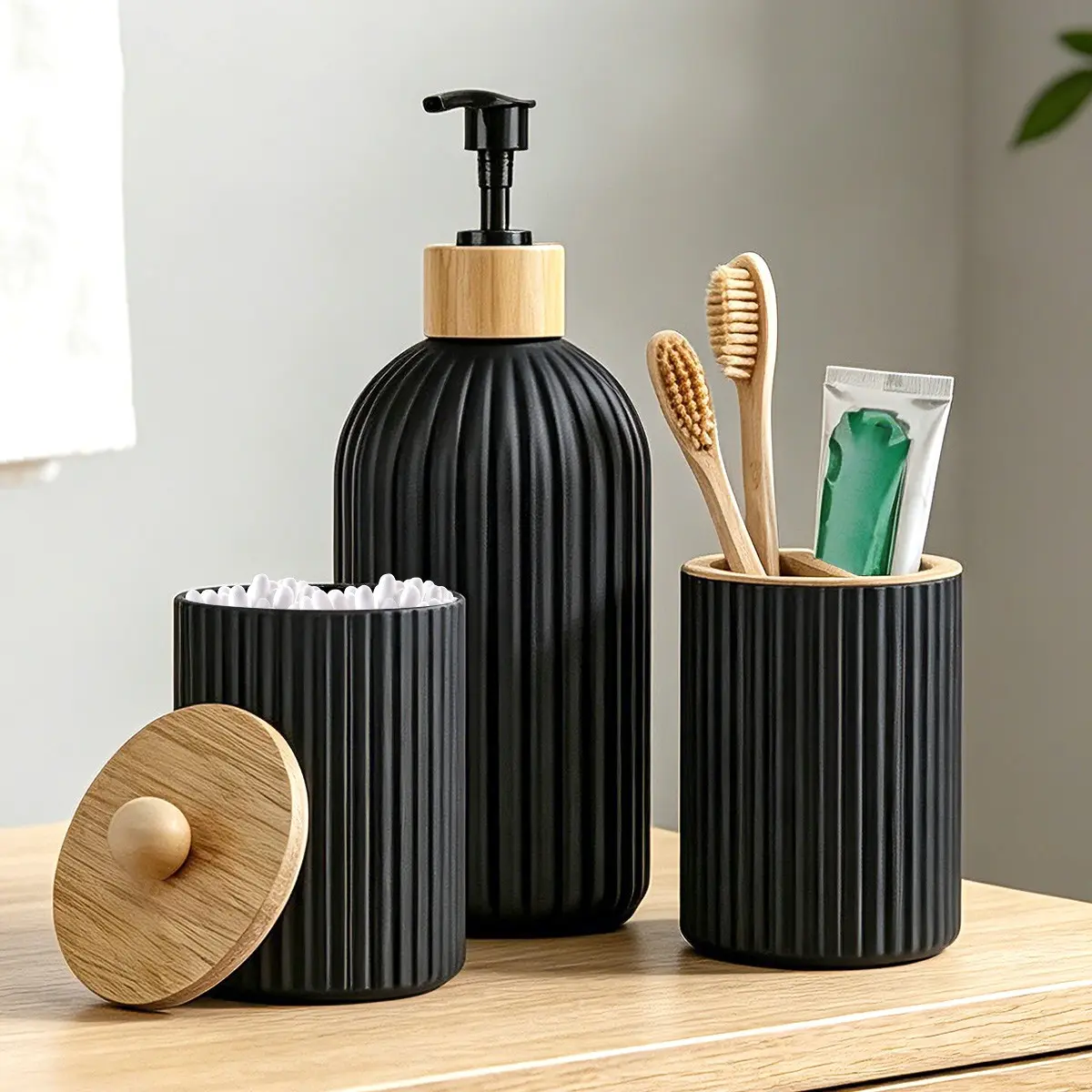 Bathroom Accessories Set, 3pcs Glass Set with Toothbrush Holder, Lotion Soap Dispenser, Qtip Holder, Countertop Organizer, Bathroom Space Saver, Modern Bathroom Accessories, Bathroom Accessory Set
