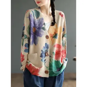 Women's Plus Size Floral Pattern Long Sleeve Knitted Cardigan with Pockets, Casual Button Front Design