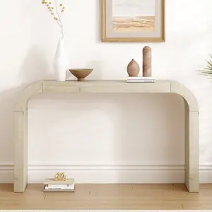 52-inch wooden console table with curved edges and a natural grain, perfect for the entryway or living room dining deep seat lounge