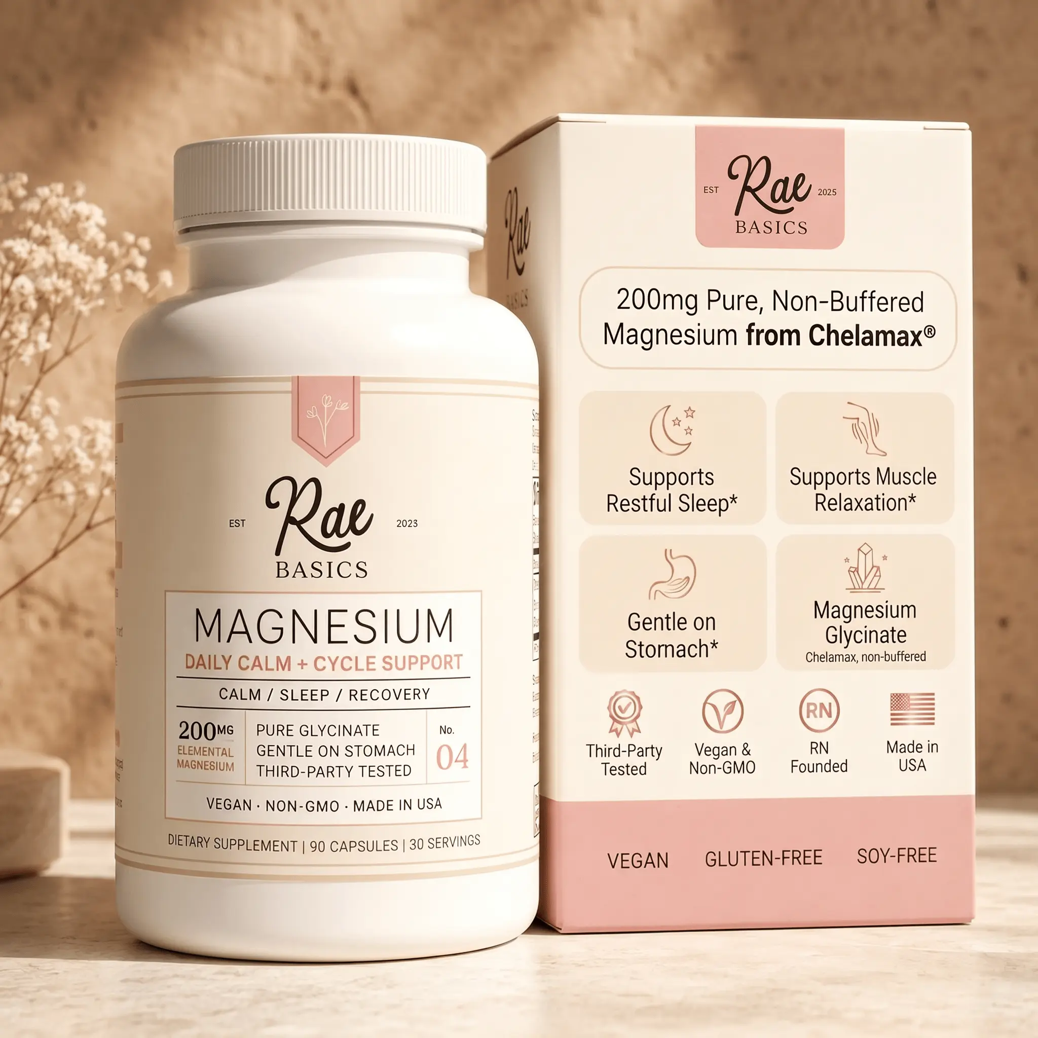 Rae Basics Magnesium Glycinate 200mg - 90 Capsules,  Supplement, Sleep Support, Muscle Support, Relaxation, Magnesium Vitamin