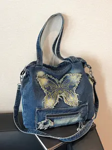 denim bow embroidered tote bag, large-capacity shoulder crossbody bag, multi-purpose practical bag, Daily commuting bags, personalized niche trendy design, suitable for students, daily commuting