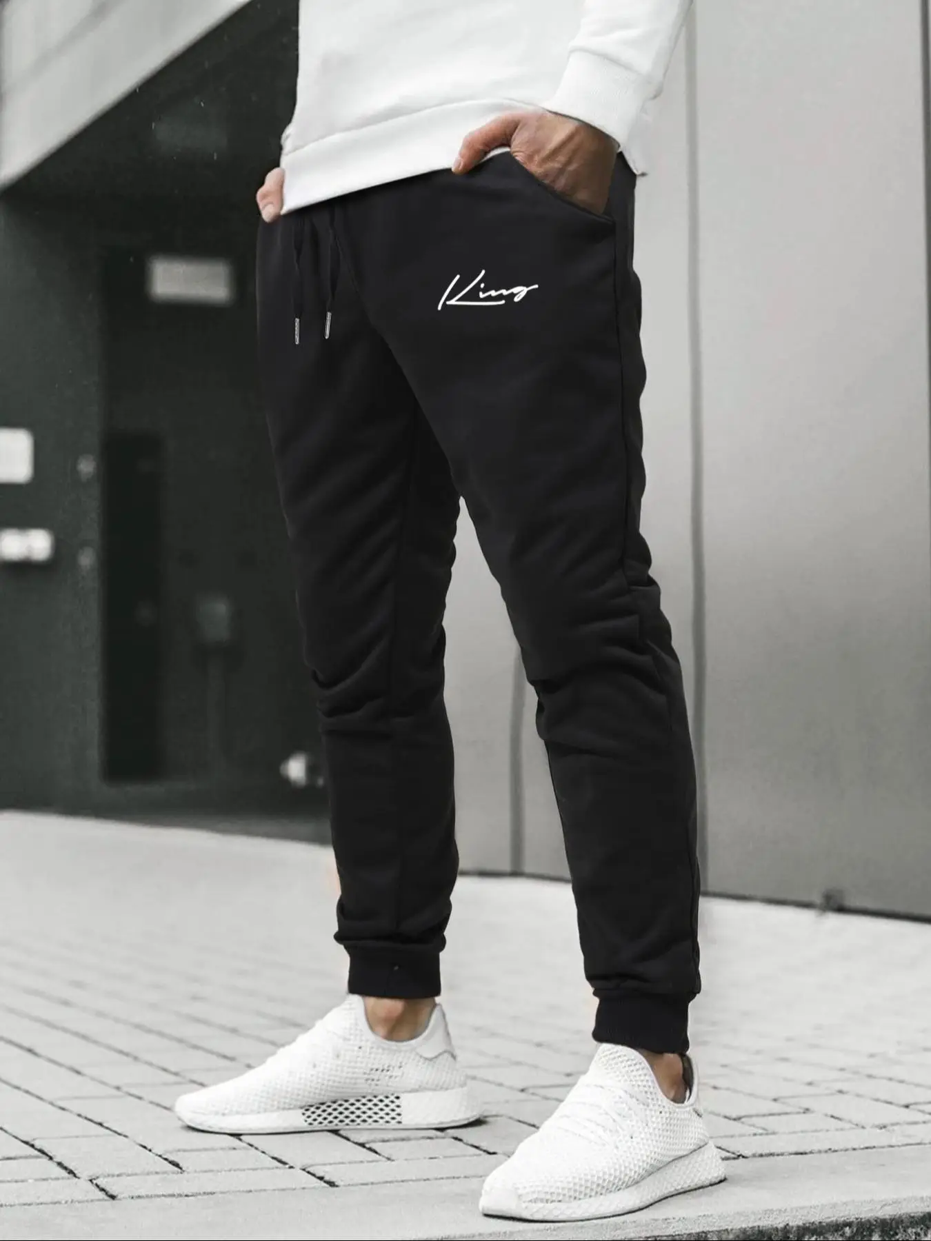 Men's Thin Slant Pockets Drawstring Elastic Waist Sweatpants, Menswear Loose Black Casual Jogger Pants, Streetwear, Letter Print Long Pants for Men, M