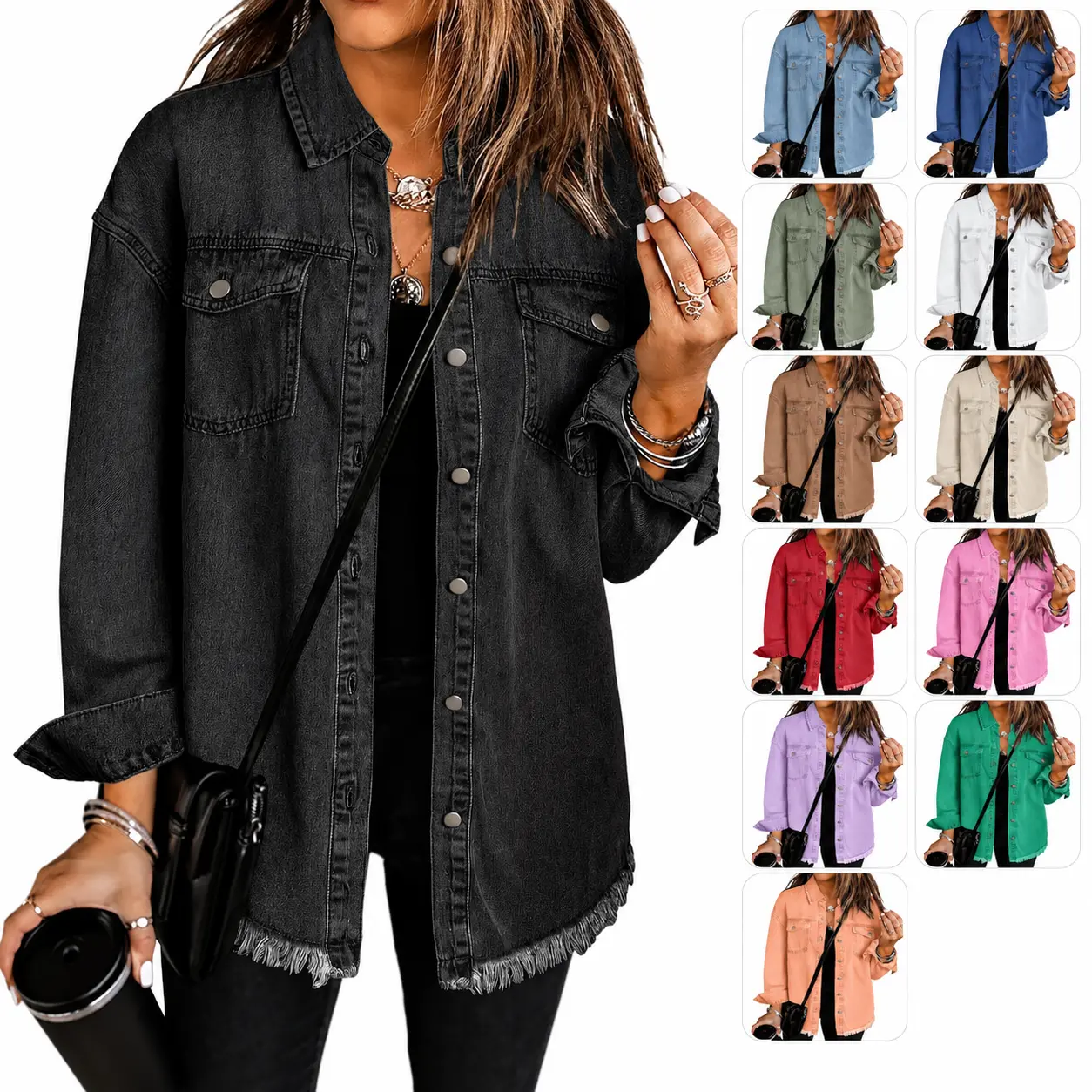 Women’s Oversized Denim Shirt Jacket, Washed Button Down Shacket with Frayed Hem and Chest Pockets, Casual Long Sleeve Jean Jacket for Everyday Wear