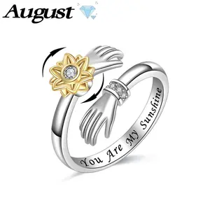 Sunflower rotating ring with cubic zirconia, simple double-hand hug couple jewelry, open design size, perfect gift for your lover