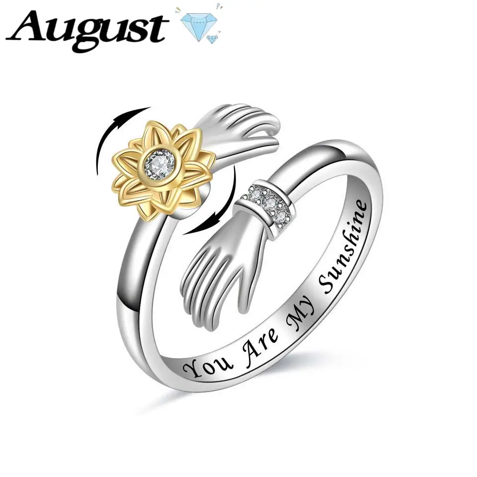 Rotating Openwork Ring with Pave Cubic Zirconia Sunflower, Adjustable Hug Band for Couples, Unisex Jewelry Gift