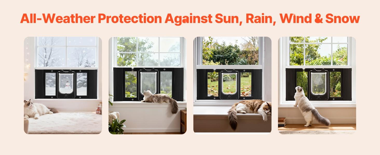 Cat Door For Window, Adjustable To Fit Window Width From 27 To 32 Inches, Four Secure Lock Modes, Aluminum Frame And High-Transparency Glass Panel, Magnetic Closure, Weatherproof Quick-Fit Pet Door For Cats, Black