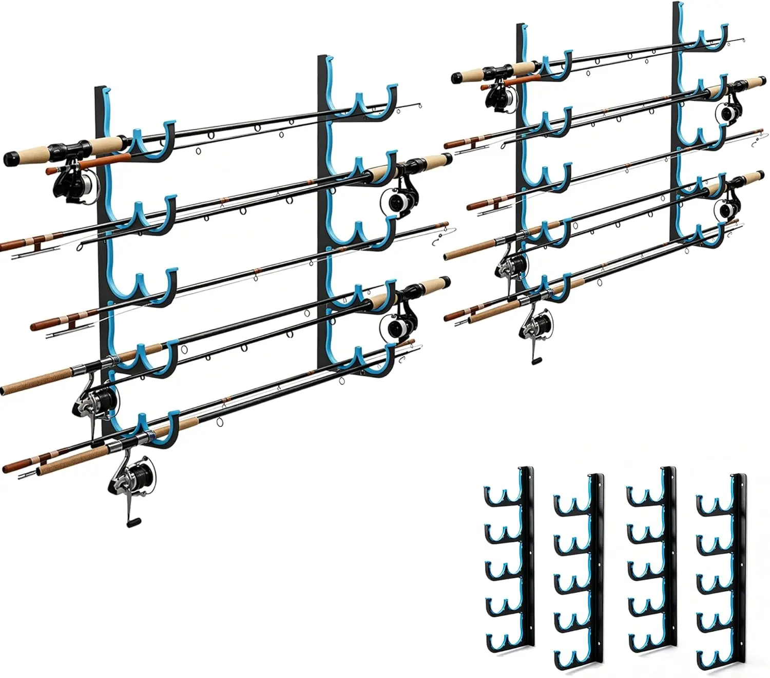Fishing Rod Holders Wall-Mounted Metal Rod Storage Organizer - Adjustable, Sturdy 5-Tier Vertical Rack Holds Up to 10 Rods/Combos, Protects Rods, Fits up to 1.77" Diameter, Garage Basement Boat Truck Use