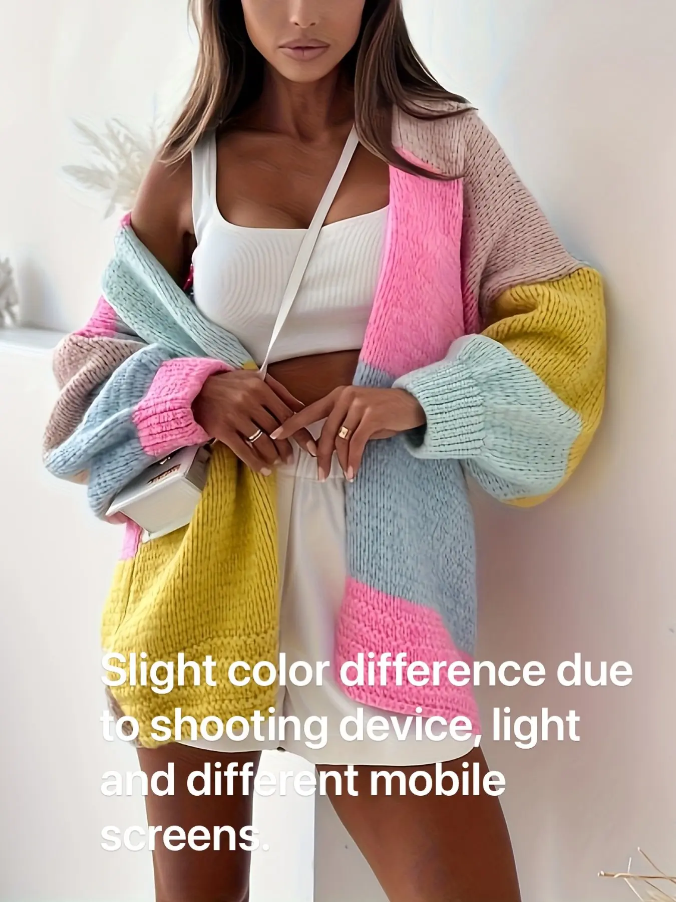 Women's Fall Winter Colorblock Cardigan Piece, Long Sleeve Loose-Fit Knitted Jacket, Casual Chic Elegant Fashion Top, Shoulder Lantern Sleeve, Knitwear, Baggy