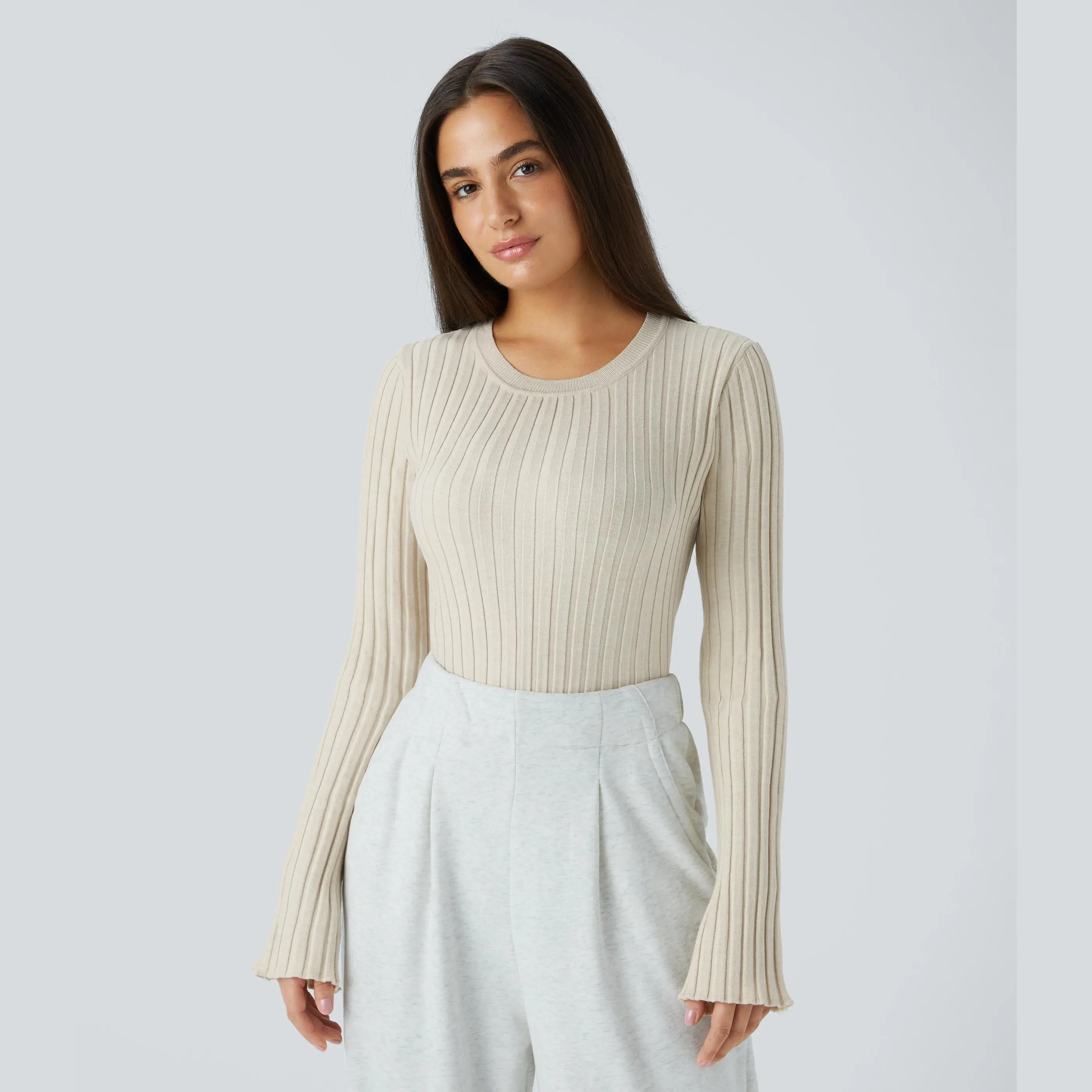 Halara Round Neck Long Sleeve Frill Casual Sweater