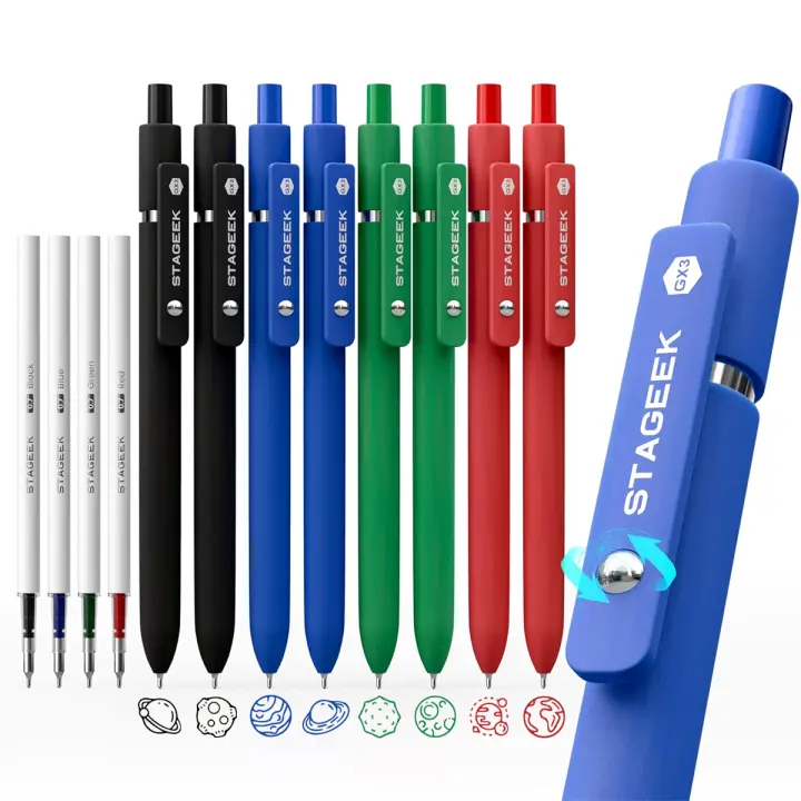 STAGEEK GX3 12-Piece Set Colorful Gel Pens (8 Colored Pens + 4 Refills), 0.7mm Quick Dry Retractable Fidget Pens, Smooth Writing Fine Point Multi Color Aesthetic Pens for Journaling School Office Supplies Gifts