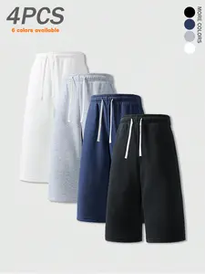 Pack of 4 summer men’s casual shorts: simple, versatile seven-eighths shorts with a drawstring elastic waistband and a loose fit; suitable for street and everyday casual wear, sports, and fitness.summervibes