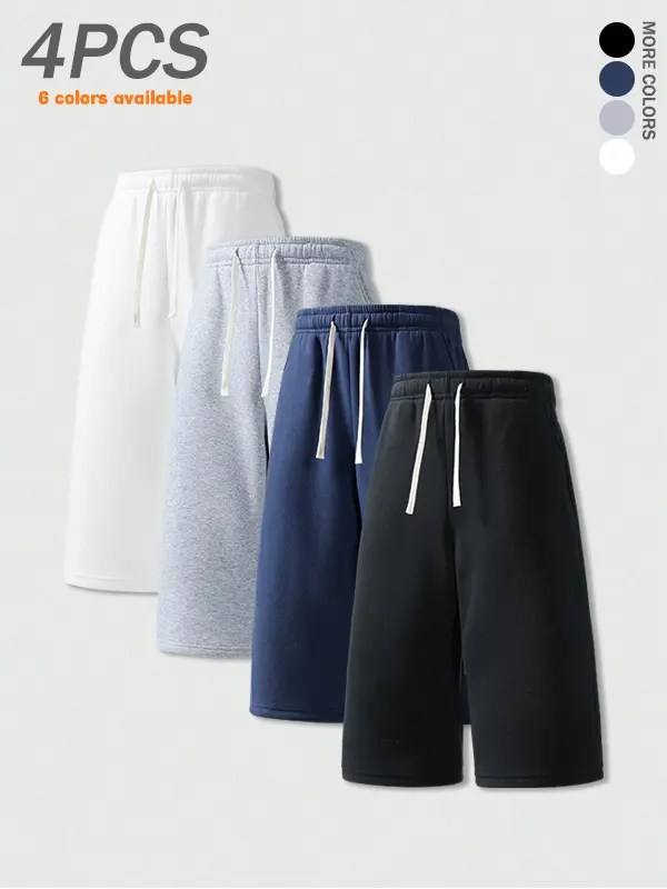 Pack of 4 summer men’s casual shorts: simple, versatile seven-eighths shorts with a drawstring elastic waistband and a loose fit; suitable for street and everyday casual wear, sports, and fitness.summervibes