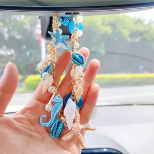 Cute Sea Shell Car Rearview Mirror Hanging Ornament, Starfish Conch Decorations, Car Interior Accessories for Women Men, Car Trinkets